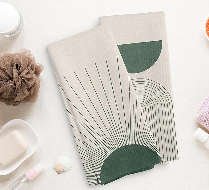 Beige Green Abstract Sunrise Kitchen Towels and Dishcloths Set of 2, Bohemian Sun Decorative Towels, Green Moon Drying Cloth Hand Towels for Bohemian Bathroom Kitchen Decor, 16×24 Inches