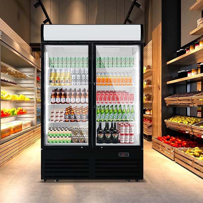 36 Cu Ft Commercial Beverage Refrigerator with 2 Glass Doors - Upright Drink Cooler Merchandiser with LED Light Display, 8 Adjustable Shelves, Black, ETL Approved for Business & Retail