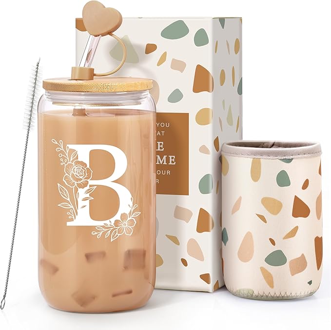 Personalized Gifts for Women, Monogrammed Gifts for Women, Initial 16 oz Glass Cups With Lids and Straws, Customized Mug, Personalized Birthday Gifts Christmas Gifts for Her Mom Friend Woman, B