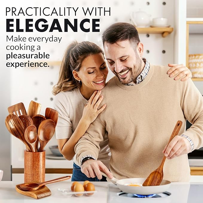 Zulay Kitchen 10-Piece Wooden Spoons for Cooking - Smooth Finish Teak Wooden Utensils for Cooking - Soft Comfort-Grip Wood Spoons for Cooking - Non-Stick Wooden Cooking Utensils - Wooden Spoon Sets