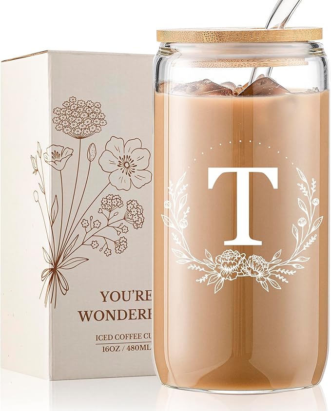 Personalized Gifts for Women, Monogrammed 16oz Glass Cups with Bamboo Lids and Straws, Customized Glass Tumbler, Cute Custom Mug, Customizable Initial Iced Coffee Glasses, Birthday Bridesmaid Mom, T