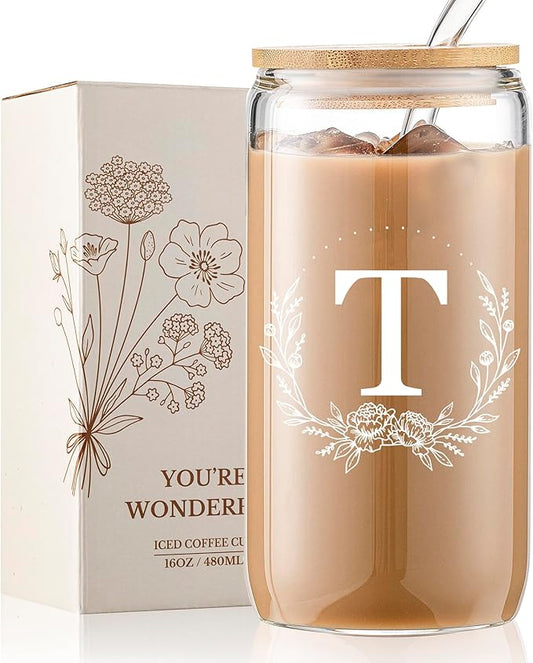 Personalized Gifts for Women, Monogrammed 16oz Glass Cups with Bamboo Lids and Straws, Customized Glass Tumbler, Cute Custom Mug, Customizable Initial Iced Coffee Glasses, Birthday Bridesmaid Mom, T