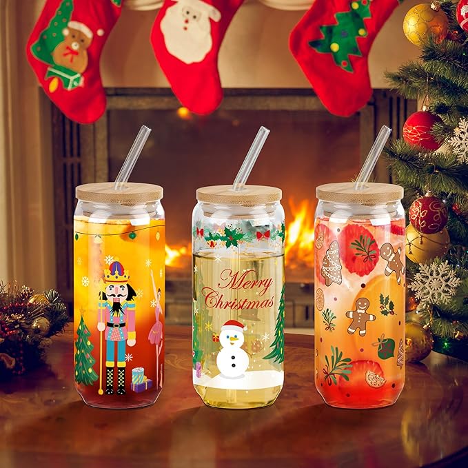 Joeyan Christmas Glass Cups with Lids and Straws,Cute Xmas Gingerbread Man Tumbler Iced Coffee Glass with Keychain and Socks,Drinking Glasses with Leaves Patterns,Decorations Gift For Women,20oz