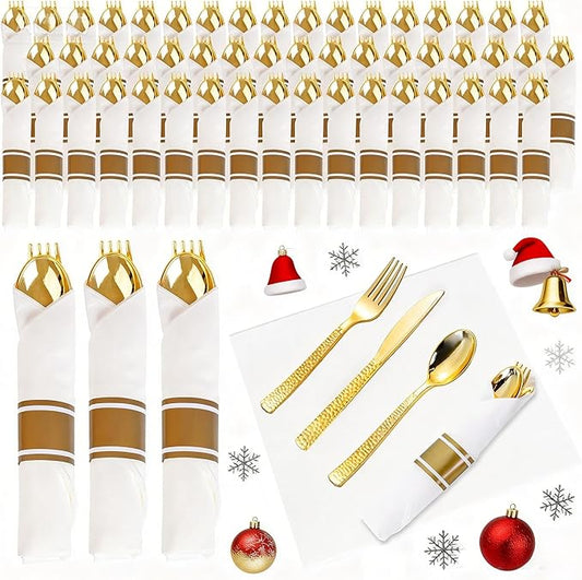 WELLIFE 400PCS Gold Plastic Silverware, Pre Rolled Silverware Set Disposable,Plastic Cutlery Includes: 100 Forks, 100 Knives, 100 Spoons, 100 Napkins, Cutlery Set Disposable for Christmas