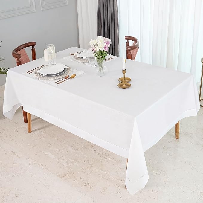 D'Moksha Homes White Linen Tablecloth for Rectangle Tables 60 x 144 Inch - 100% Pure Linen White Table Cloth - Classic Hemstitch, Machine Washable Dining Tablecloth for Christmas, Holiday, New Year