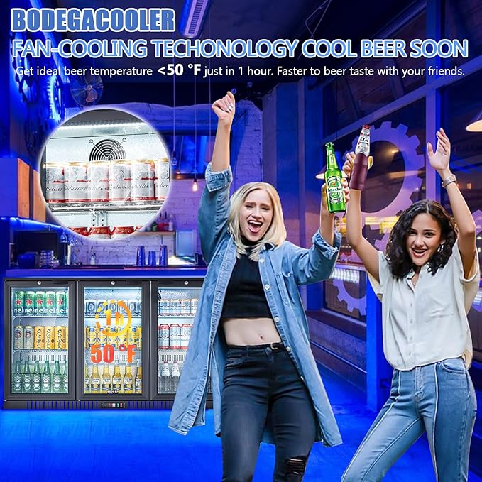 BODEGA BODEGACOOLER Commercial Bar Cooler With 3 Glass Doors,11.4 Cu.Ft Under Counter Beverage Refrigerator,Back Bar Refrigerator,Commercial Display Drink Fridge,LED Lighting Beer Wine Soda Drinks