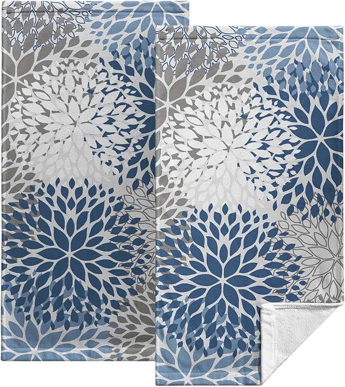 2 Pack Dahlia Flower Hand Towels for Bathroom Blue and Gray Floral Kitchen Dish Towels Soft Absorbent Decorative Tea Towel for Summer Bath Kitchen Gym Spa 14.4 x 28.3 Inch
