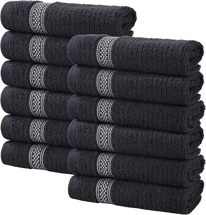 Superior Cotton Face Towel/Washcloth Set, Zero Twist, Ribbed Geometric, Small Facial Towels, Spa, Hotel, Guest, Home, Bathroom Basics, Plush Soft Absorbent, Luxury Quick Dry, Set of 12, Black
