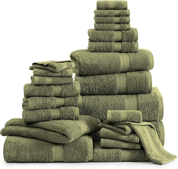 LANE LINEN Cotton Towels for Bathroom - 24 PCs - Highly Absorbent, Durable & Soft - 4 Bath, 4 Fingertip, 6 Hand Towels, 8 Washcloths, 2 Bath Sheets - Family Bundle Pack - Oil Green