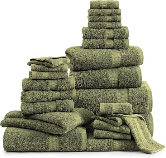 LANE LINEN Cotton Towels for Bathroom - 24 PCs - Highly Absorbent, Durable & Soft - 4 Bath, 4 Fingertip, 6 Hand Towels, 8 Washcloths, 2 Bath Sheets - Family Bundle Pack - Oil Green