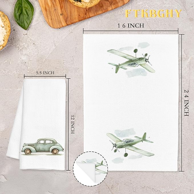 Sage Green Car Plane Preppy Decorative Hand Towels Gifts, Kids Boys Bathroom Decor, Watercolor Transportation Decorative Dish Hand Tea Towels for Bathroom Kitchen, 16x24 Inch Set of 2