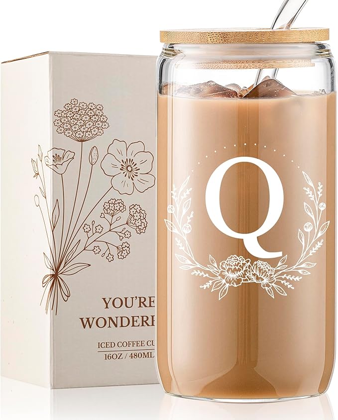 Personalized Gifts for Women, Monogrammed 16oz Glass Cups with Bamboo Lids and Straws, Customized Glass Tumbler, Cute Custom Mug, Customizable Initial Iced Coffee Glasses, Birthday Bridesmaid Mom, Q