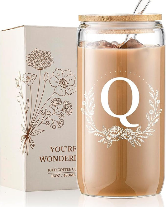 Personalized Gifts for Women, Monogrammed 16oz Glass Cups with Bamboo Lids and Straws, Customized Glass Tumbler, Cute Custom Mug, Customizable Initial Iced Coffee Glasses, Birthday Bridesmaid Mom, Q