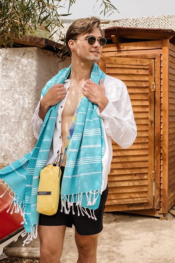 Madamelique Beach Towel with Beach Bag - 39 x 74 - Prewashed Beach Towels Oversized -%100Cotton - Quick Dry - Sand Free - Hand Loomed Turkish Bath Towels - Unique Turkish Towel (Turquoise)