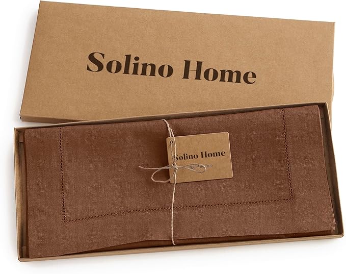 Solino Home Linen Brown Table Runner 120 Inches Long - 100% Pure Linen Hemstitch 14 x 120 Inch Table Runner for Dining - Classic Hemstitch
