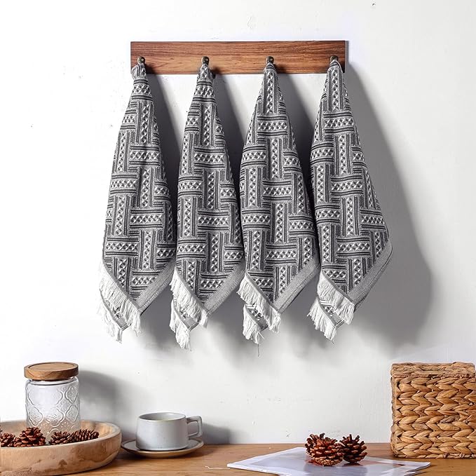 4 Pack Boho Bathroom Hand Towel 14 x 30 Inch 100% Turkish Cotton Decorative Boho Kitchen Hand Towel Farmhouse Bathroom Decor Set Absorbent Soft Guest Tea Gift(Gray,White)