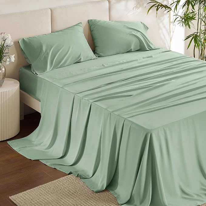 Bedsure California King Sheet Sets, Cooling Sheets, Rayon Derived from Bamboo, Breathable & Soft, Deep Pocket Up to 16 Inches, Hotel Luxury Silky Bedding for Hot Sleepers, Sage Green