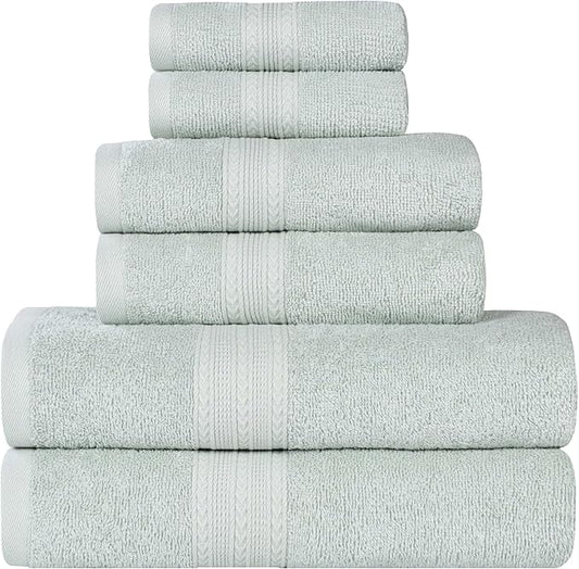 Superior Eco-Friendly Cotton 6-Piece Towel Set, Bathroom, Shower, Spa, Large and Small Assorted Towels for Home, Apartment, Dorm, 2 Bath, 2 Hand, 2 Face/Washcloth, Soft, Highly Absorbent, Aqua Marine