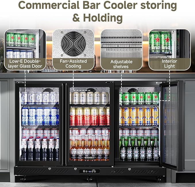 BODEGACOOLER Commercial Bar Cooler With 3 Glass Doors,12 Cu.Ft Counter Height Back Beverage Refrigerator,Display Bar Fridge with LED Lighting,Beverage Cooler for Beer Stainless Steel Top,With Casters