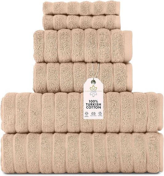 Classic Turkish Towels CTT Luxury 6 Piece Towel Set, 100% Turkish Cotton, Quick Drying, Highly Absorbent & Comfy, Includes 2 Bath Towels, 2 Hand Towels & 2 Washcloths | (Almond Beige)