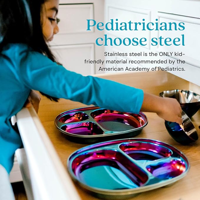 Ahimsa Stainless Steel Plates For Kids, Pediatrician Designed Divided Plates for Toddlers & Baby, Non Toxic, Unbreakable & Dishwasher Safe, Iridescent Blue Set of 4