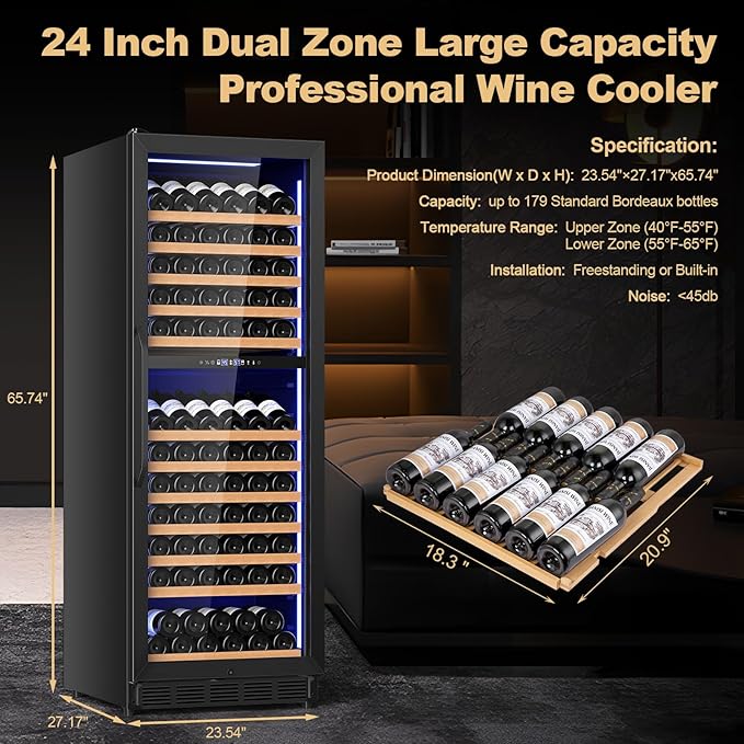 24 Inch Dual Zone Wine Cooler Refrigerator, Large Capacity Freestanding/Built-in Upgraded Professional Wine Fridge with Powerful Compressor, Advanced Cooling System, Quiet Operation, Black