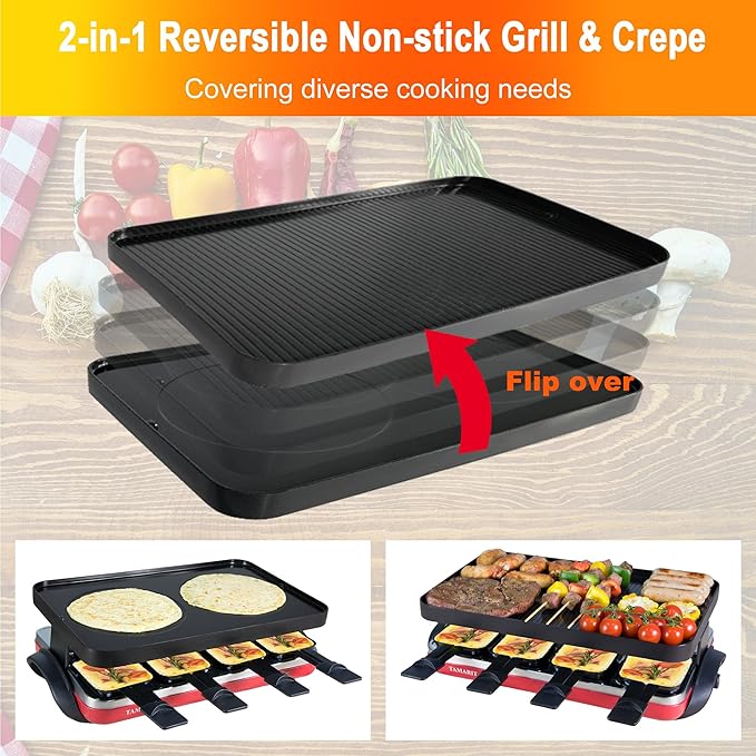 TAMARIT Classic 8 Person Raclette Grill 1500W Electric Tabletop Griddle with Reversible Plate, 8 Non-Stick Cheese Trays and Spatulas Indoor Portable Korean BBQ Barbecue Party Grill Red