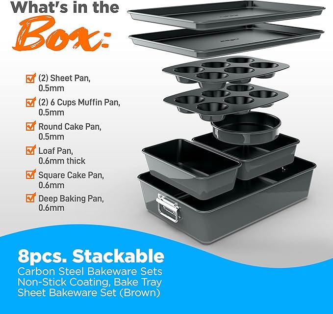 NutriChef 8-Piece Nonstick Stackable Bakeware Set - PFOA, PFOS, PTFE Free Baking Pans Set w/Non-Stick Coating, 450°F Oven Safe, Round Cake, Loaf, Muffin, Wide/Square Pans, Cookie Sheet (Gray)
