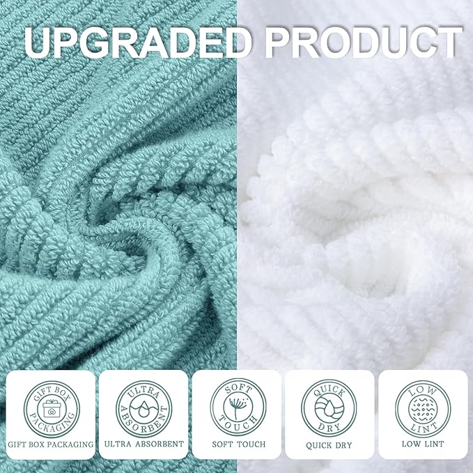 VOOVA & MOVAS Towels for Bathroom - 100% Cotton | Soft | Quick Dry | Thick, Towel Set of 6, 2 Large Bath 30"x56",2 Hand 18"x28", 2 Washcloths 13"x13", Bathroom Essentials, Aqua Teal and White