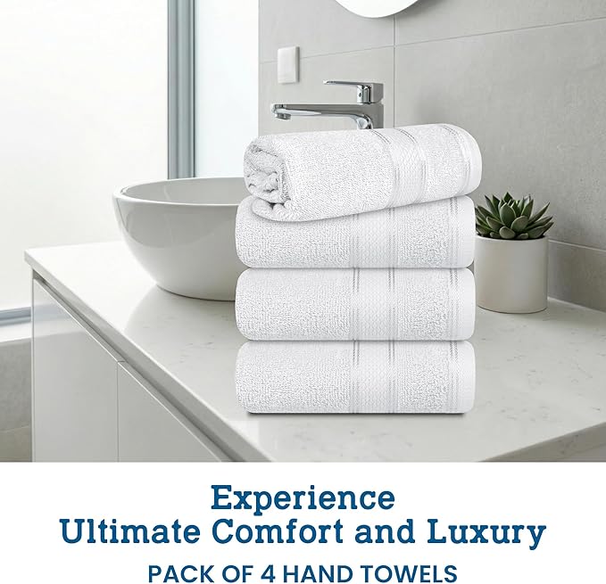 Casa Lino 100% Cotton Hand Towels for Bathroom - Soft, Highly Absorbent & Quick Dry Kitchen Towels - Gym Towel Set - Travel Towel Set - 24" x 16" - Pack of 4 - (White)