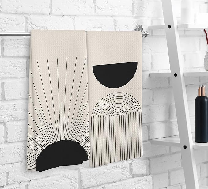 Black Boho Sun Sunray Geometric Arch Semi Circle Kitchen Towels and Dishcloths Set of 2, Absorbent Drying Cloth Hand Towels Tea Towels for Bathroom Kitchen, Gifts for Women Girls, 1624 inches