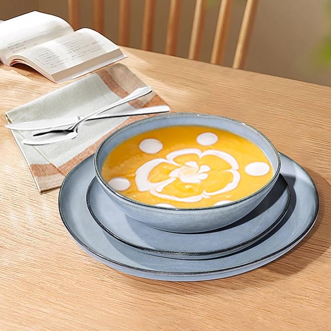 Herogo Stoneware Dinnerware Sets for 6, 18 Piece Ceramic Dinner Dishes Set, Irregular Handmade Plates and Bowls Dishware, Crack and Scratch Resistant, Reactive Glaze, Smoky Blue