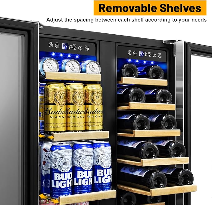 Wine and Beverage Refrigerator, 24 Inch Beverage Cooler Dual Zone with Glass Door, Built-in/Freestanding Beverage Fridge with Upgraded 20 Bottles and 90 Cans Large Capacity