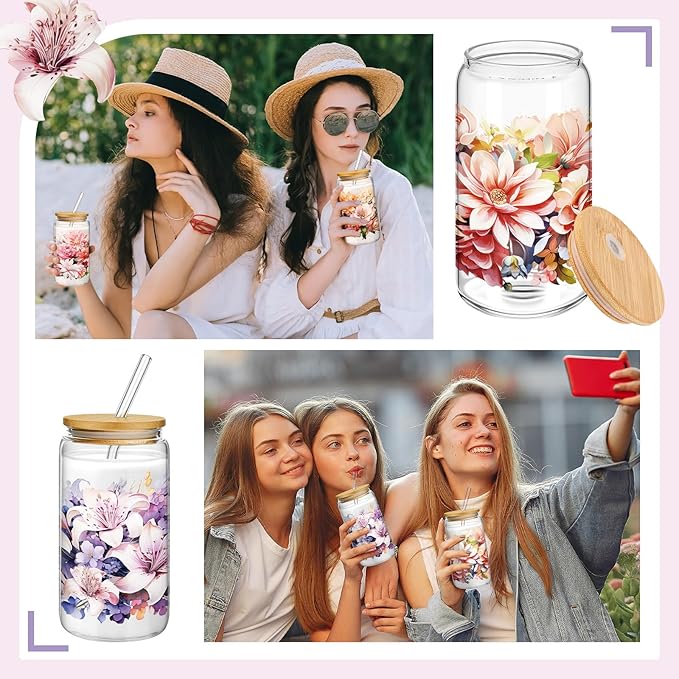 Mumufy 4 Pcs Gift for Women Bloom Floral Elegant Glass Cup Tumbler Blooming Garden 16 oz Iced Coffee Glass with Bamboo Lid & Straw, Mothers Day Birthday Gift for Mom Sister Bridesmaid Baby Shower