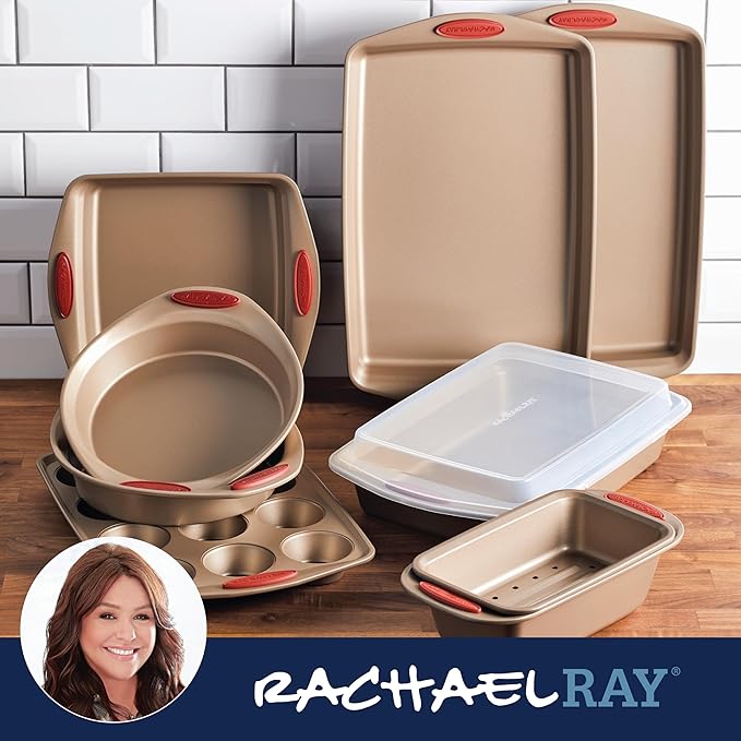 Rachael Ray Cucina Nonstick Bakeware Set Baking Cookie Sheets Cake Muffin Bread Pan, 10 Piece, Latte Brown with Cranberry Red Grips