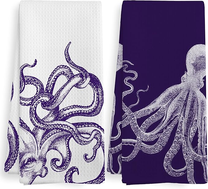 Coastal Octopus Halloween Decor Dish Hand Tea Towels for Bathroom Kitchen, Octopus Ocean Cryptid Spooky Home Bathroom Decor, Coastal Nautical Kitchen Towels and Dishcloths Sets of 2, 16x24 In