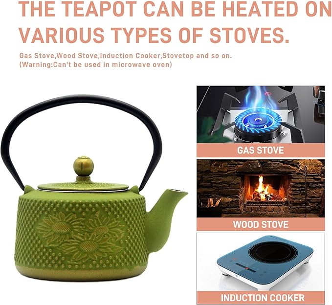 Cast Iron Teapot with Sunflower Pattern,SECHUDO Tea Kettle Coated with Enameled Interior for Loose Tea,Green Cast Iron Teapot with Stainless Steel Infuser for Stovetop Safe (28.7oz/850ml)
