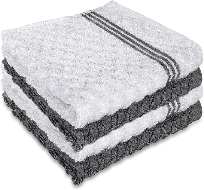 4 Pack 100% Cotton Wash Cloth, 12x12 Inch Highly Absorbent and Soft Feel Fingertip Towels, Machine Washable Washcloths for Bathroom, Gym, Hotel, Spa and Kitchen, White/Grey