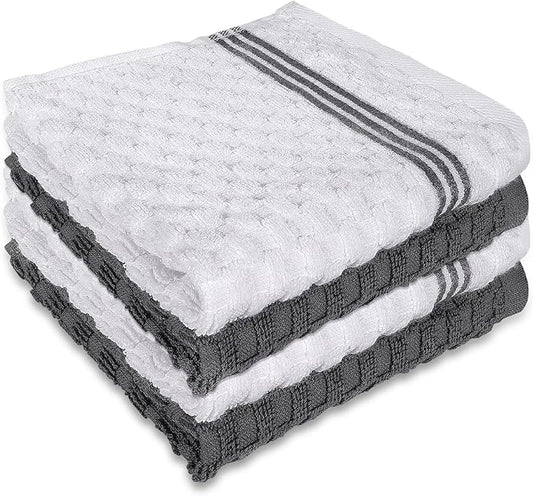 4 Pack 100% Cotton Wash Cloth, 12x12 Inch Highly Absorbent and Soft Feel Fingertip Towels, Machine Washable Washcloths for Bathroom, Gym, Hotel, Spa and Kitchen, White/Grey