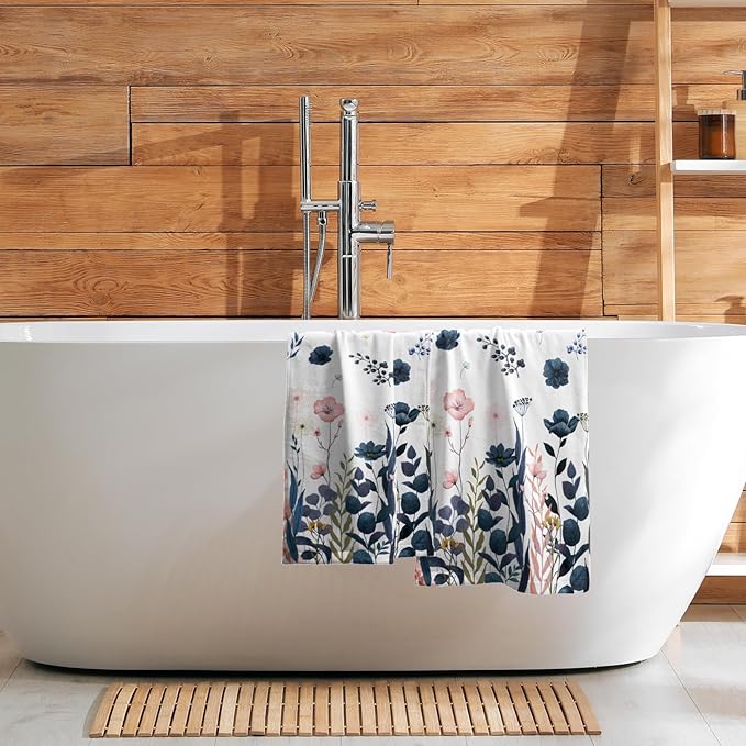 Imiss Navy Blue Pink Floral Hand Towels for Bathroom Set of 2 Poppy Flowers Botanical Leaf Guest Face Towel 14.4 x 28.3 Inch for Kitchen Gym Hotel Spa