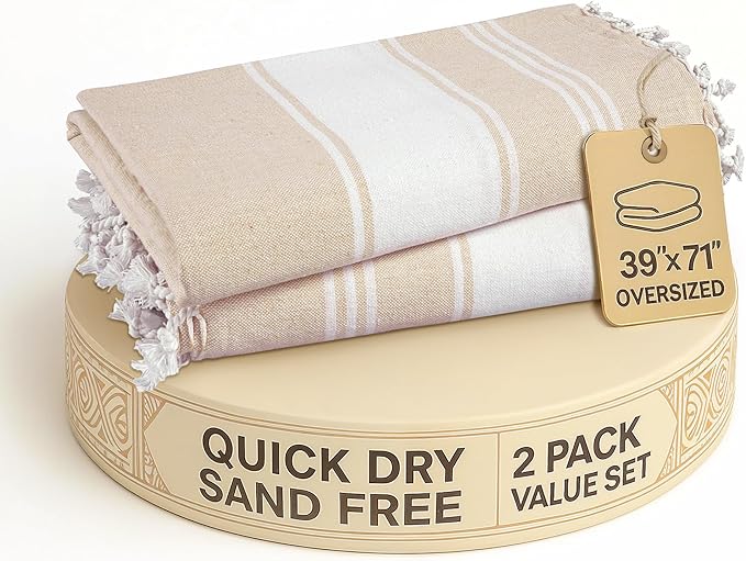 LANE LINEN Oversized Beach Towels, 2 Pack Turkish Towel Set for Adults, Lightweight, Quick Dry, Absorbent & Sand Proof, 39"x71" Pool Towels – Beige