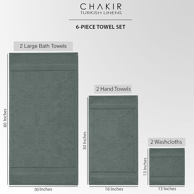 Chakir Turkish Linens 100% Cotton Premium Turkish Towels for Bathroom, 2 Large Bath Towels, 2 Hand Towels, 2 Washcloths (6-Piece Towel Set, Dark Gray)