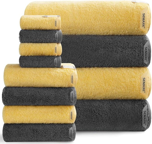 SEMAXE Towel 100% Cotton Towel for Bathroom, Bath Towel, Hand Towel, Washcloth,Yellow & Grey,12-Piece