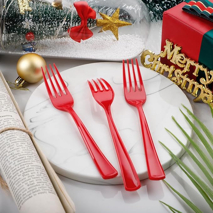 WDF 100 Pieces Red Christmas Forks - 7.4inch Heavy Duty Red Forks Disposable - Plastic Silverware for Dessert Cake - Plastic Cutlery for Christmas or Daily Using