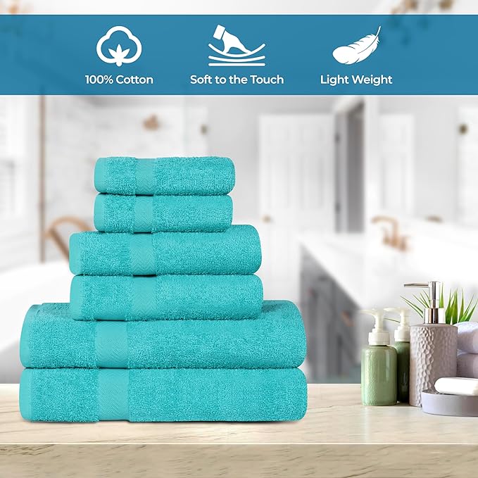 Superior 6-Piece Cotton Assorted Towel Set, Includes 2 Face/Washcloths, 2 Hand, and 2 Bath Towels, Lightweight Essentials, for Home, Gym, Beach, Bathroom, Quick Drying, Franklin Collection, Turquoise