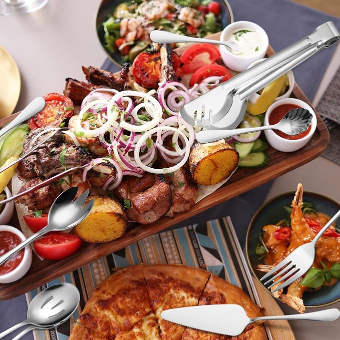Stainless Steel Serving Utensil Set 10-Piece Buffet Flatware Catering Silverware with Bread Tong,Cake Spatula,Serving Ladles,Salad Fork,Cheese Knife,Large Spoon for Parties Buffet