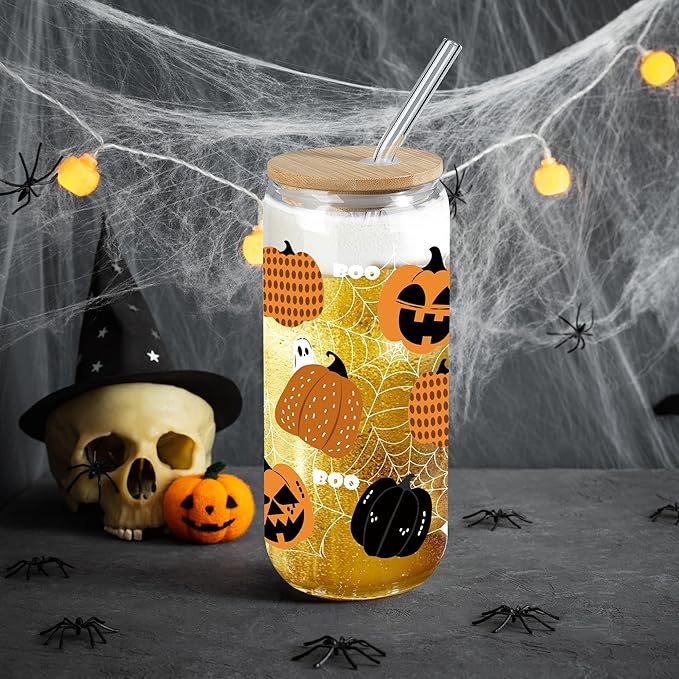 Joeyan Halloween Glass Cups with Lids and Straws,20 oz Iced Coffee Tumbler with Pumpkin Ghost Cobweb Patterns,Cute Funny Can Shaped Beer Drinking Glasses,Holiday Gifts for Women Mom Friend Teen