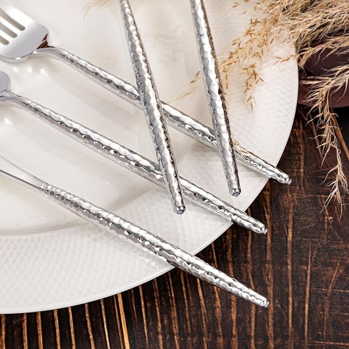Rubtlamp 180 Pcs Silver Plastic Silverware - Hammered Disposable Silverware - Heavy Duty Plastic Forks And Spoons - Silver Plastic Cultery Include 60 Forks, 60 Knives And 60 Spoons for Wedding&Party