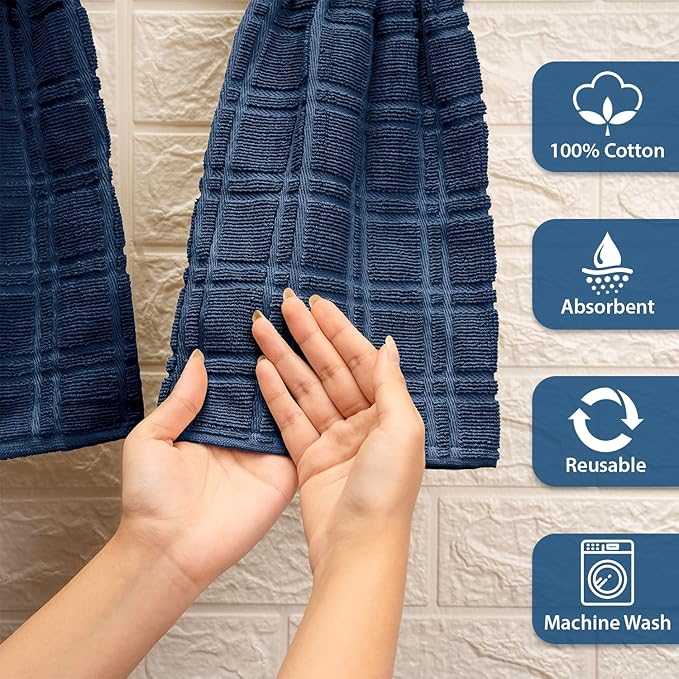 Blue Needles Hanging Kitchen Towels - Blue 100% Cotton Solid Kitchen Tie Towel, Set of 2 Hand Dish Cloth with Hanging Loops 9 x 17 Inches, Absorbent, Super Soft, and Fast Drying Home Essential
