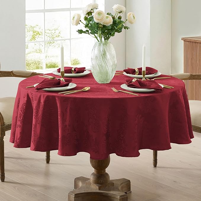 Newbridge Christmas Barcelona Damask Fabric Tablecloth, 90 Inch Round, Burgundy – No Iron, Soil Resistant Table Cover for Dining, Parties and Holidays
